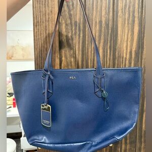 Ralph Lauren Navy Leather Tote with Gold Hardware